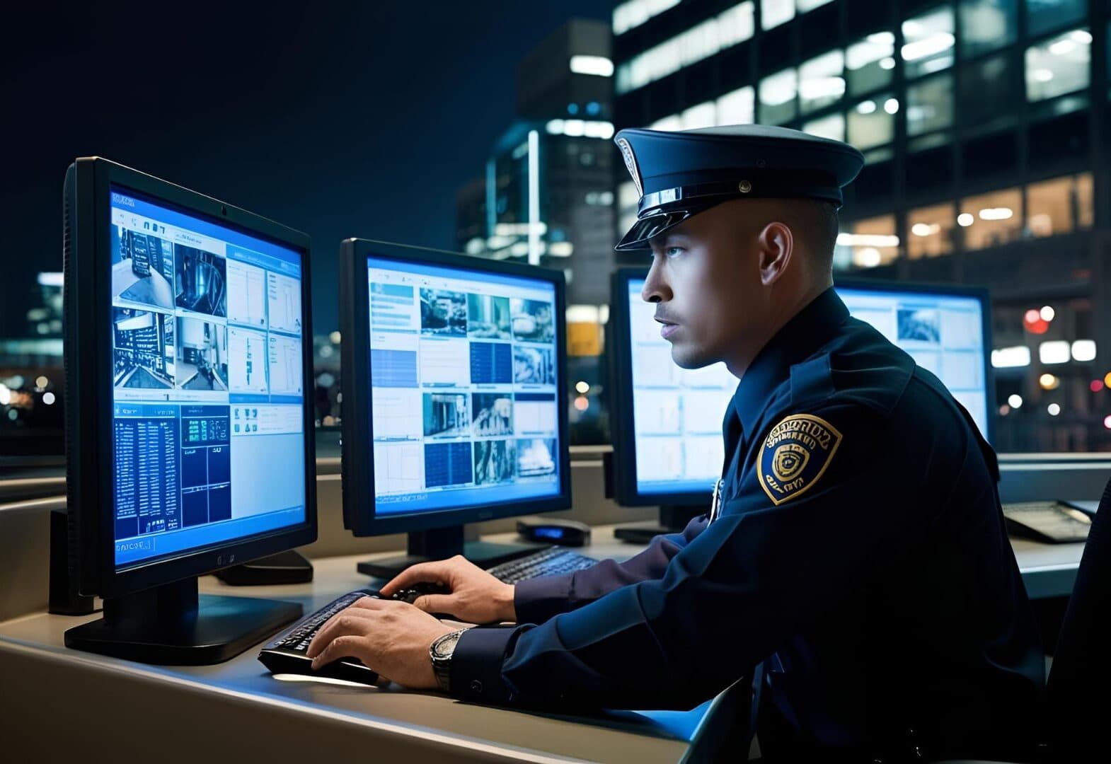 A security guard monitoring dashboard showing real-time GPS tracking, patrol routes, and incident reports on a digital screen, with a guard using a mobile app in the background.