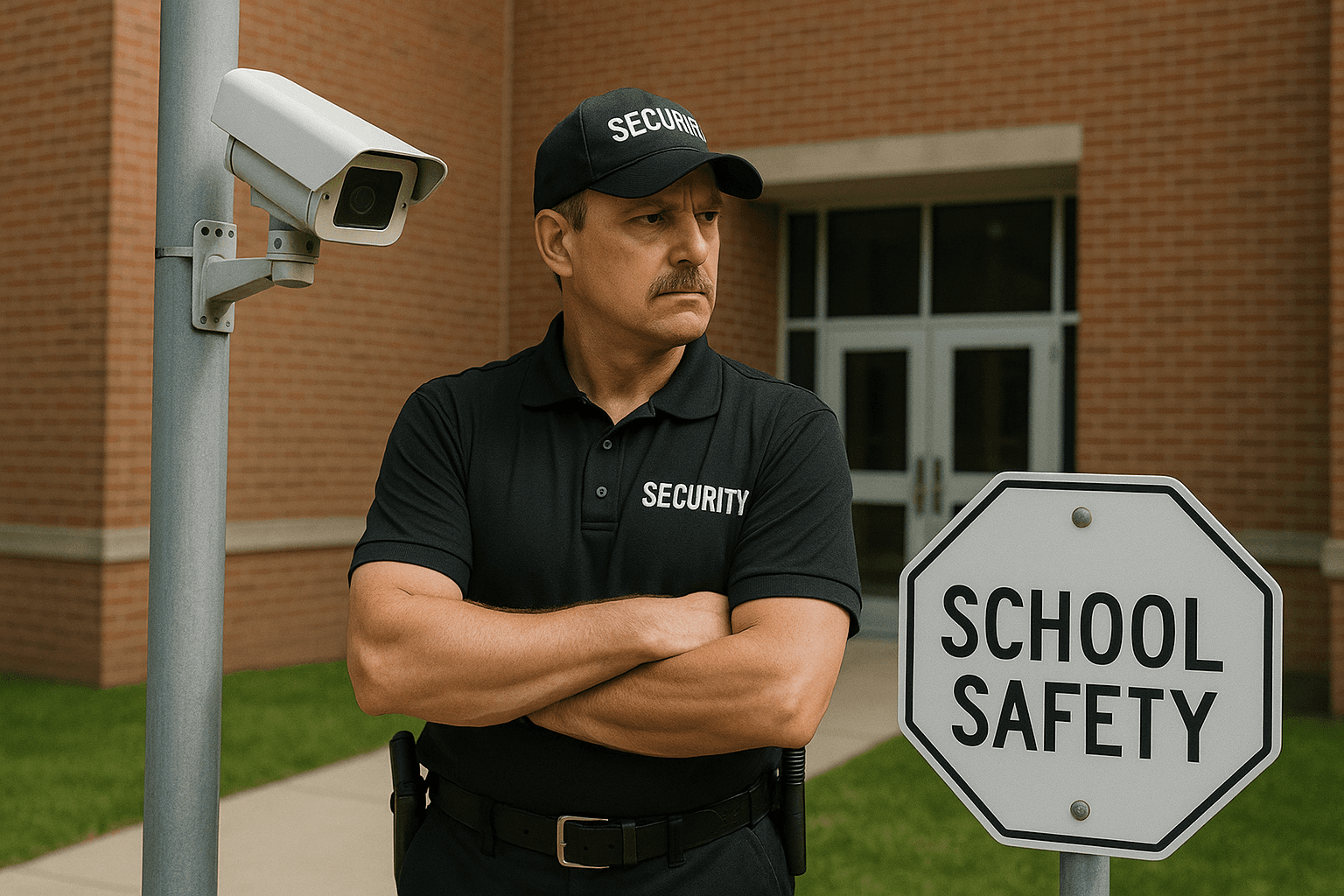 A uniformed security guard stands with arms crossed beside a 'School Safety' sign and a surveillance camera, outside a brick school building, emphasizing a strong security presence.