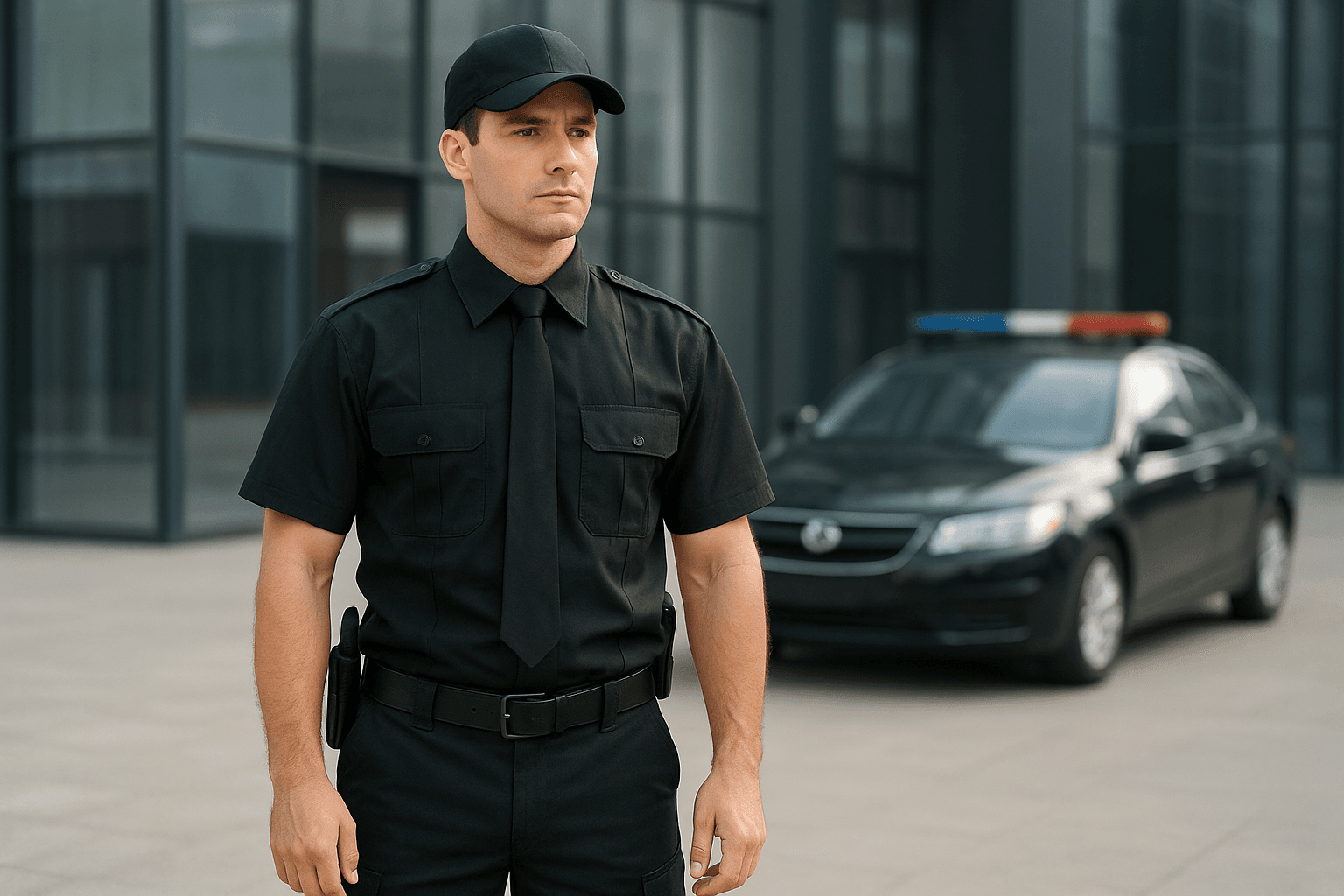 Professional security guard in black uniform standing outside a modern office building with a patrol car in the background.