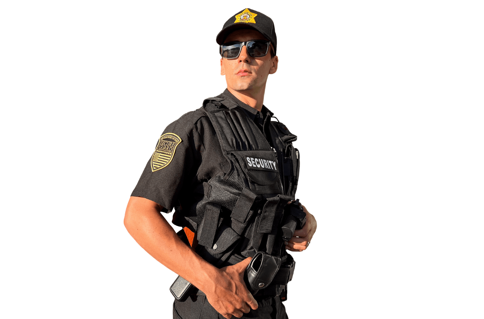 Professional event security guard in tactical uniform ensuring safety and order at public and private gatherings.