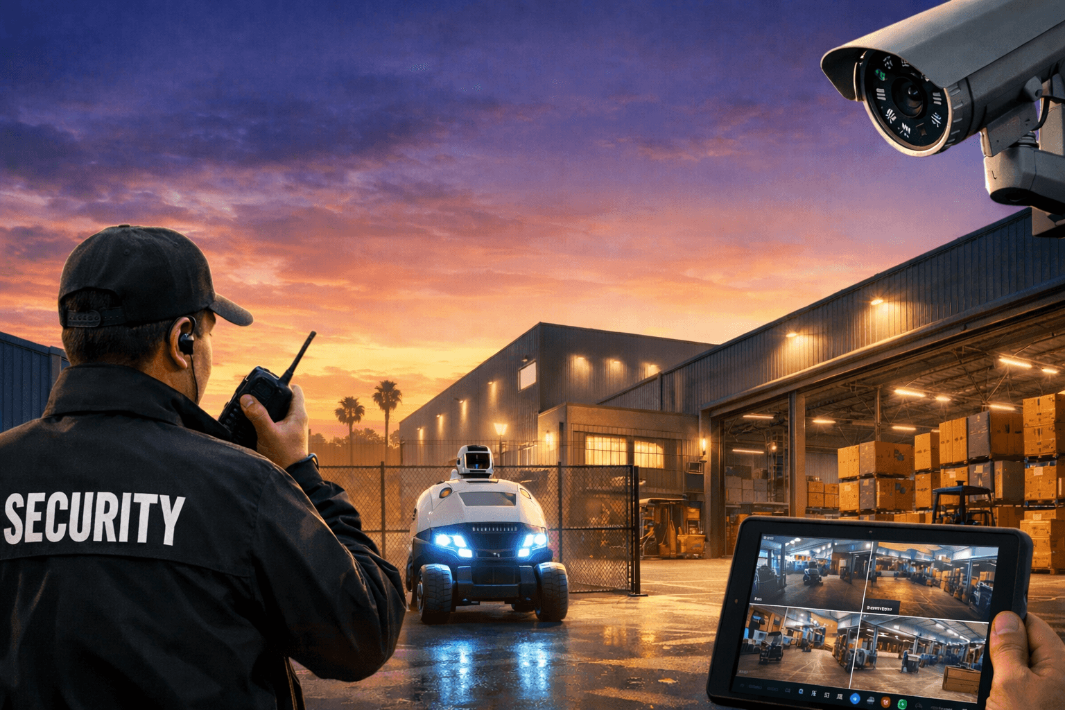 Professional warehouse security guard monitoring a California distribution center with surveillance cameras, mobile patrol robot, and real-time video monitoring to protect supply chain operations.