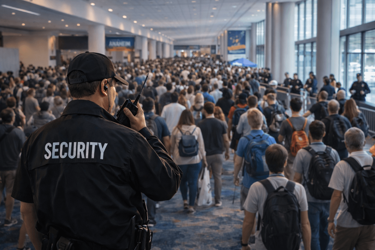 Event security guard managing large convention crowds at a major Anaheim convention center, ensuring safe entry flow, crowd control, and attendee safety.