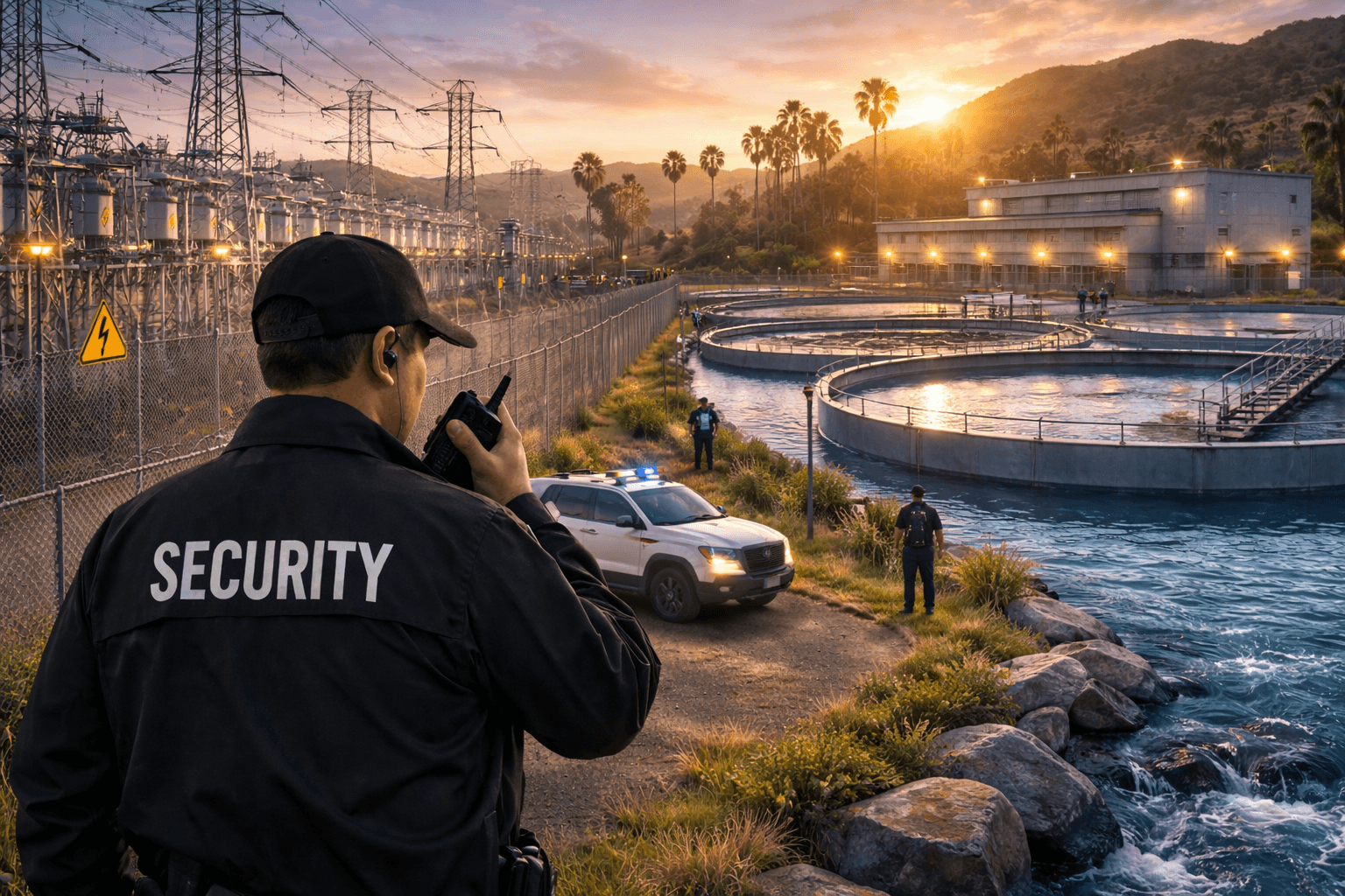 Utility security guard protecting California power and water infrastructure at an electrical substation and water treatment facility to ensure public safety and uninterrupted services.