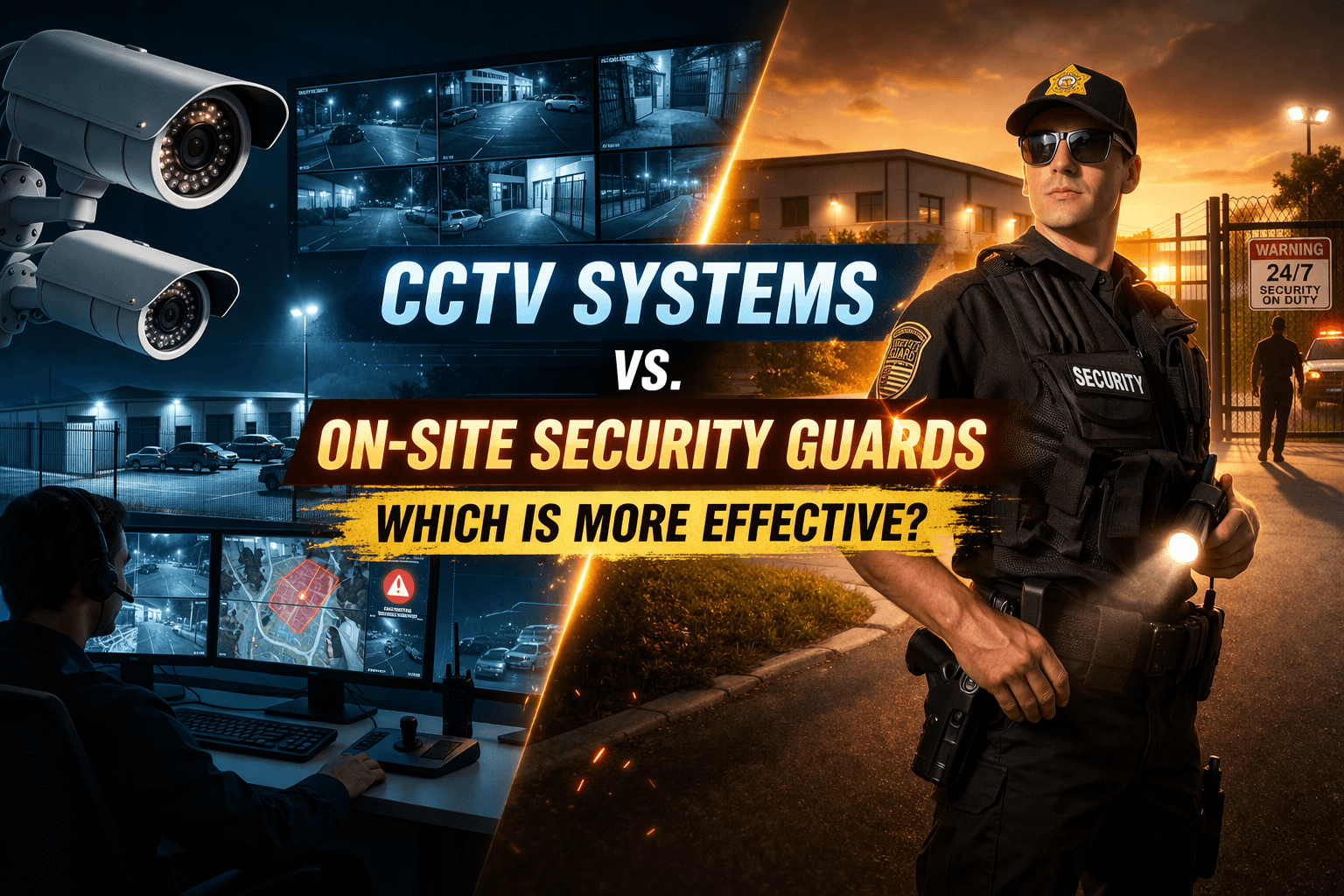 CCTV systems and on-site security guard comparison showing surveillance cameras and a professional guard monitoring a commercial property for enhanced safety