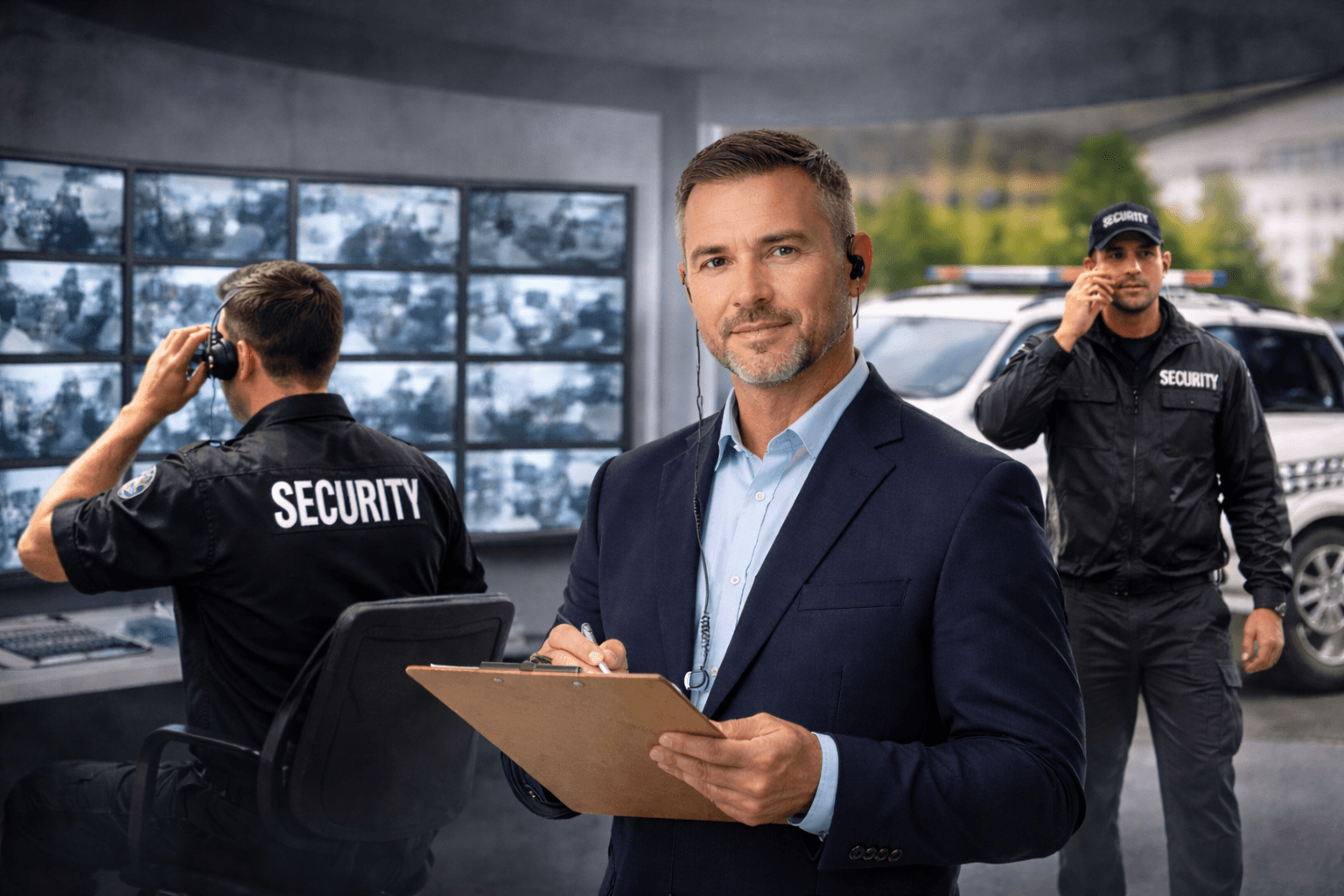 Security supervisor reviewing reports while monitoring guards and CCTV operations, demonstrating professional security guard supervision and management