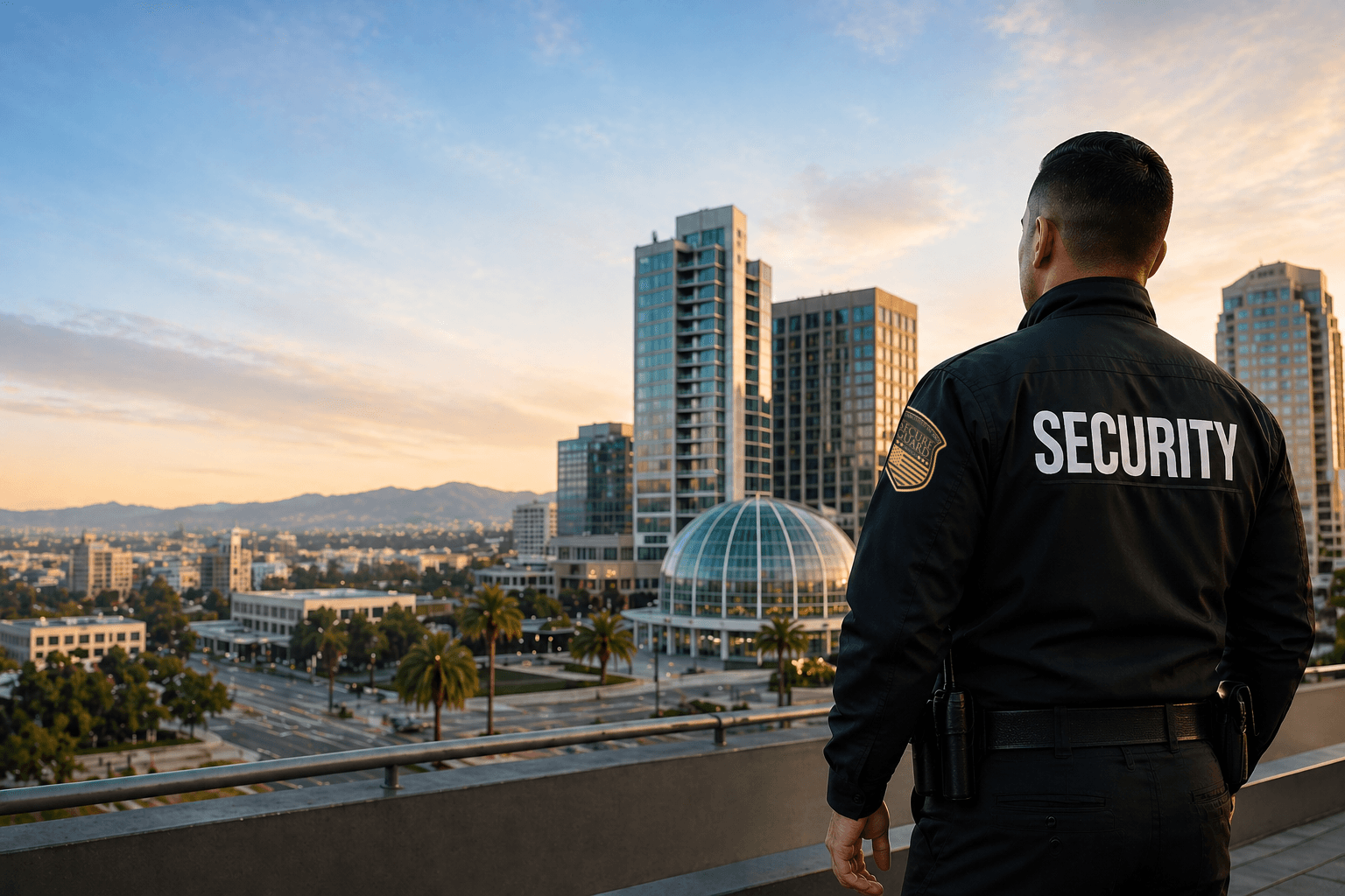 Security guard overlooking downtown San Jose skyline, representing reliable security services for businesses and commercial properties