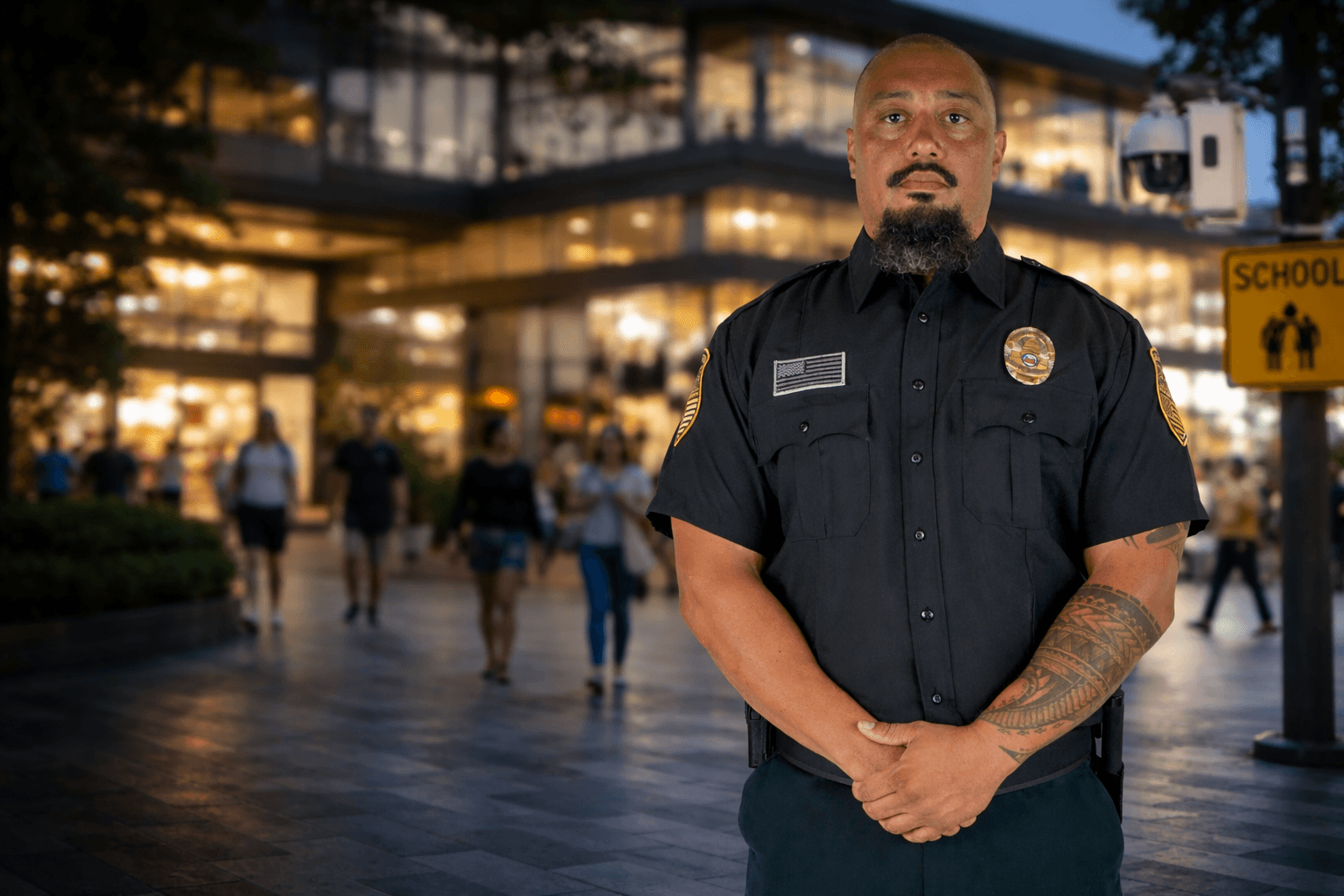 Professional security guard standing in a busy public area at night, highlighting the need for increased security in high-traffic locations