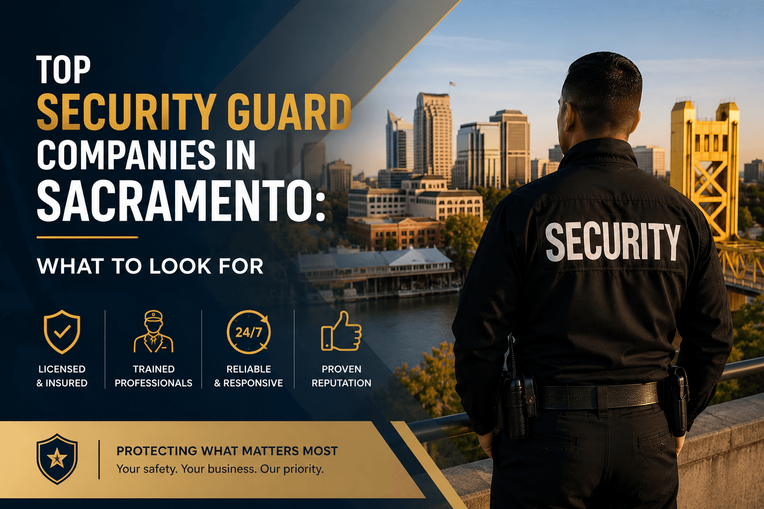 Security guard overlooking the Sacramento skyline beside text reading “Top Security Guard Companies in Sacramento: What to Look For,” highlighting professional business security services and safety solutions.