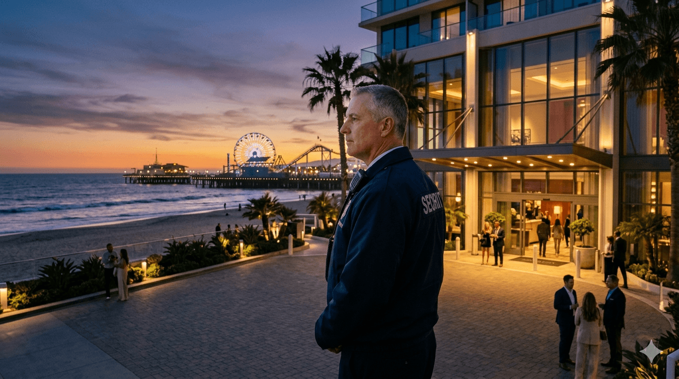 Professional hotel security guard monitoring beachfront property near Santa Monica Pier at sunset to ensure guest safety