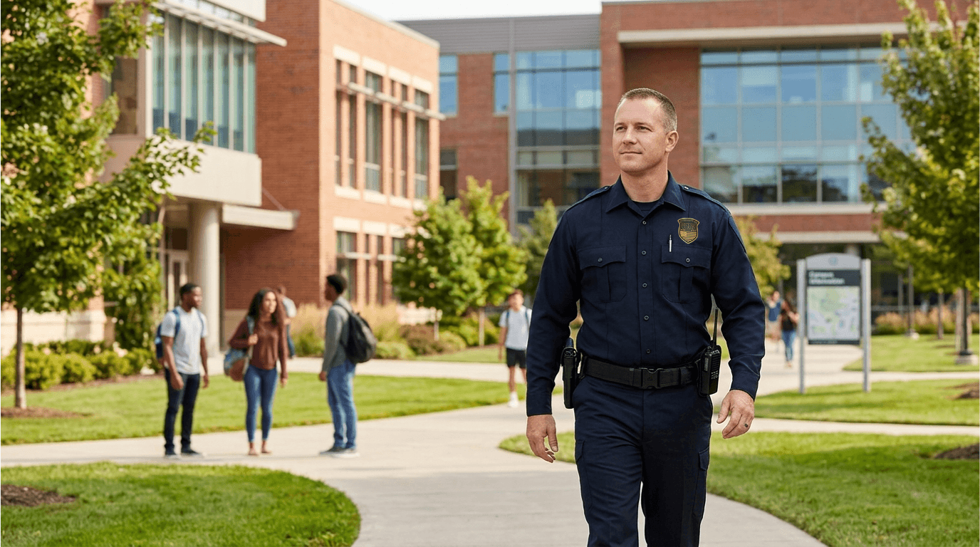A professional security guard patrolling a college campus walkway with students walking in the background.