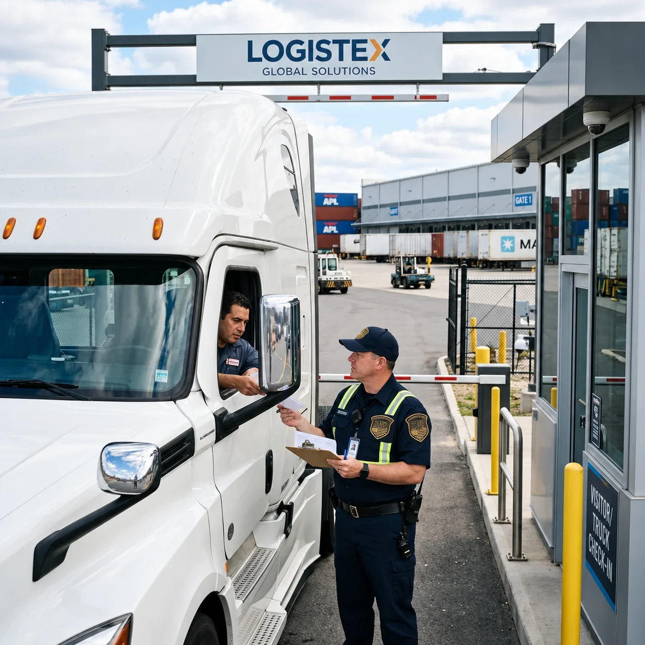 Secure Guard officer with branded uniform patches checking in a truck driver