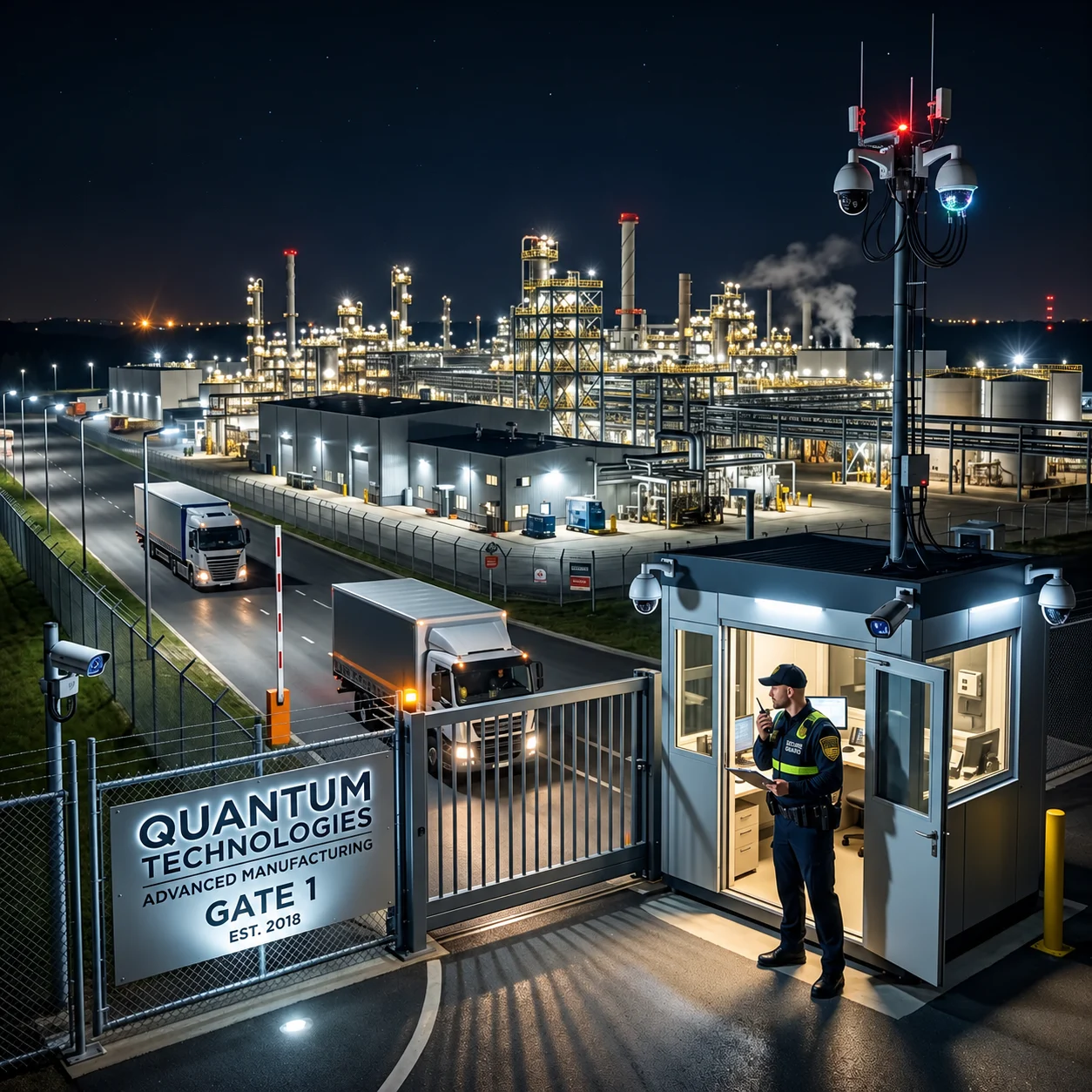Secure Guard officer wearing the company shield patch at an industrial facility gate
