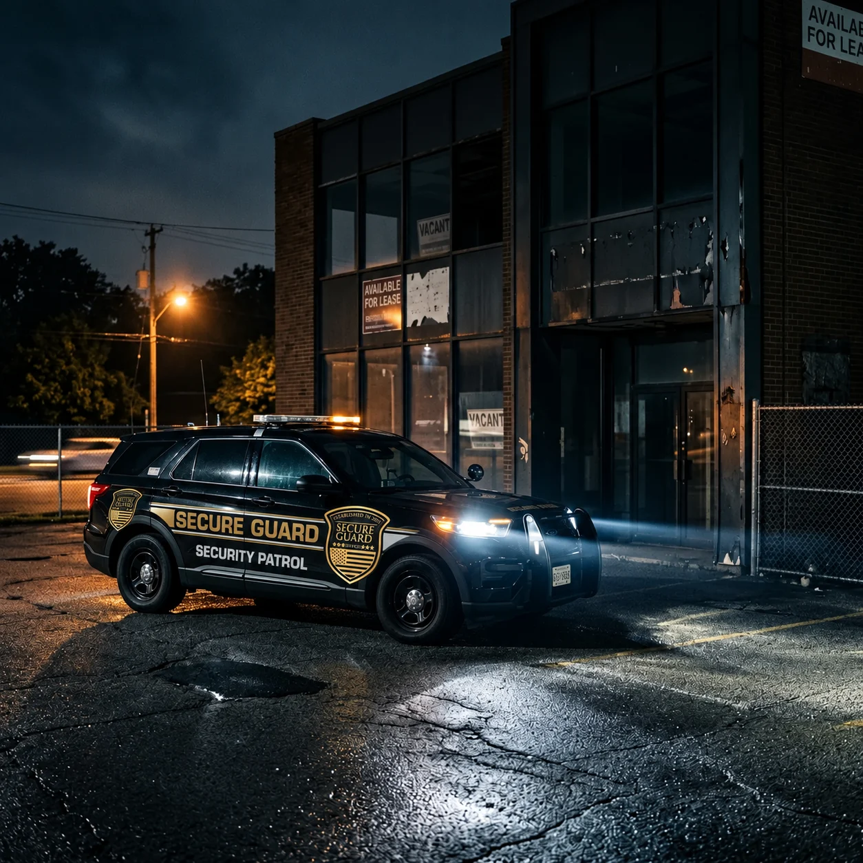Secure Guard patrol SUV displaying the gold company shield outside a commercial property
