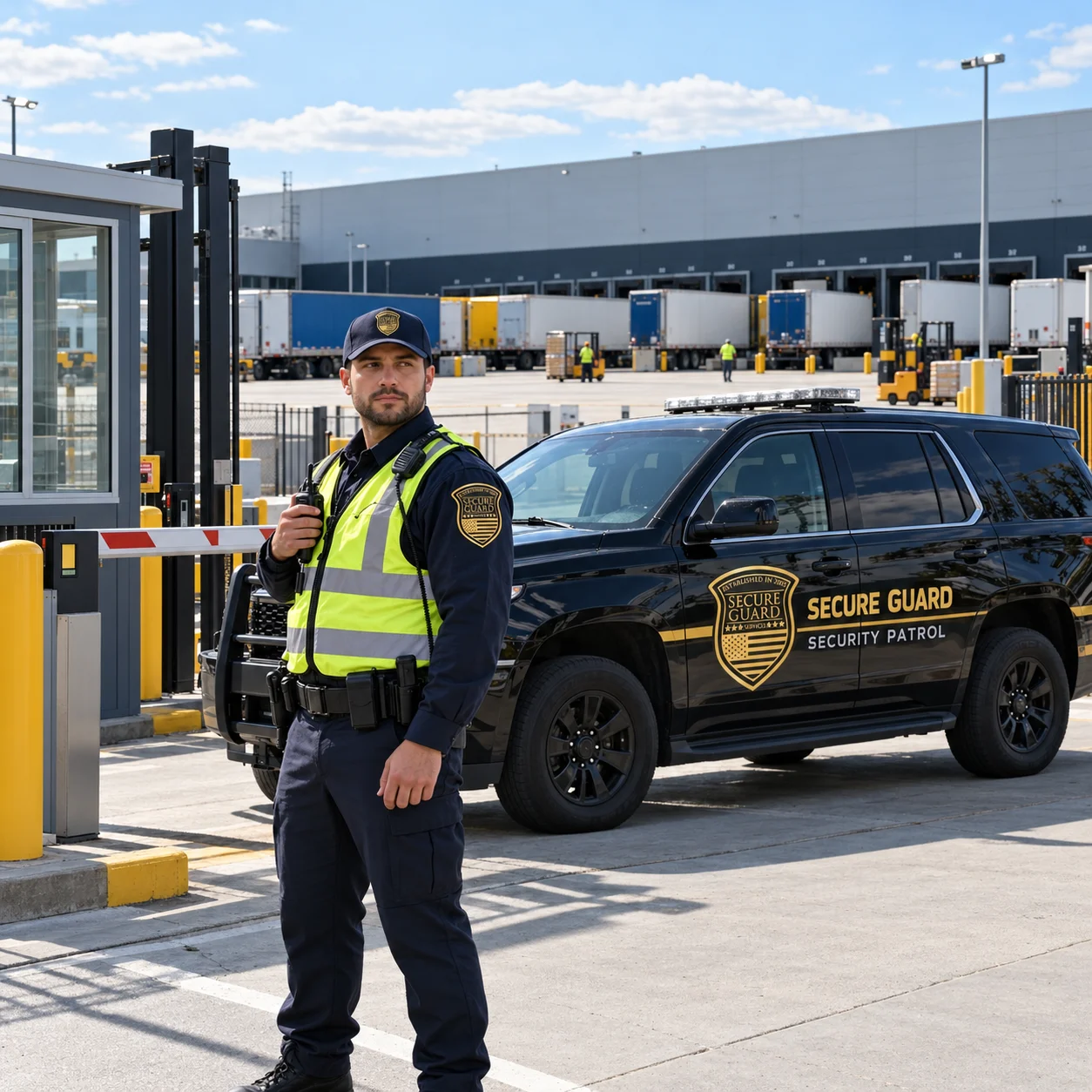 Secure Guard officer and branded patrol SUV at a warehouse entrance